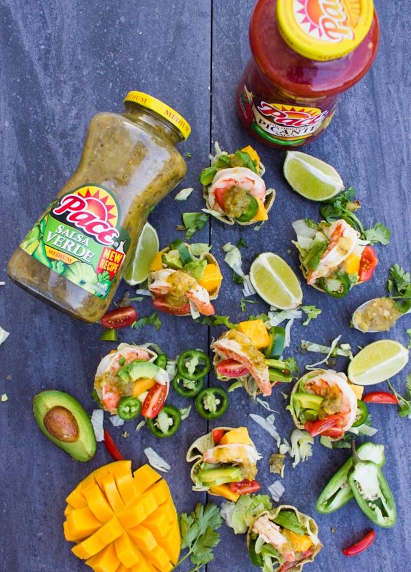 spicy shrimp in tortilla cups with mango & salsa verde