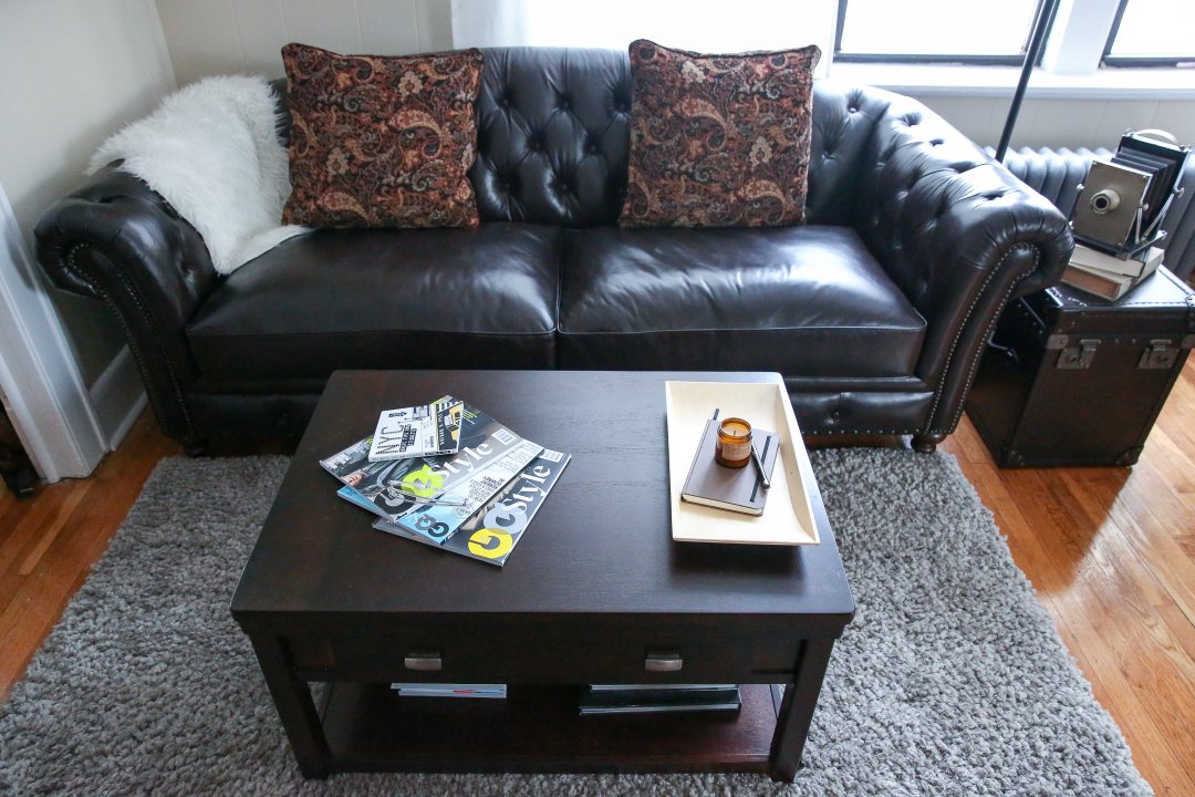 Levitate Style and Raymour & Flanigan, Blackwell Leather Couch, Sondra Lift-Top Coffee Table, Calvin Klein Rug