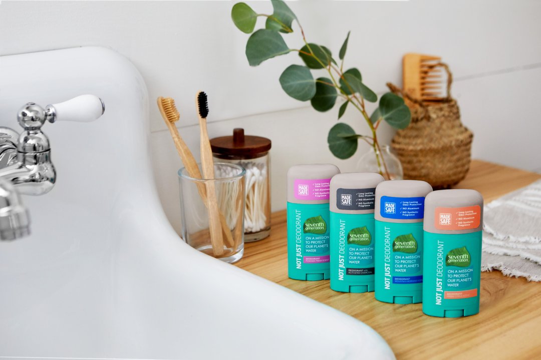 deodorant collection next to bathroom sink