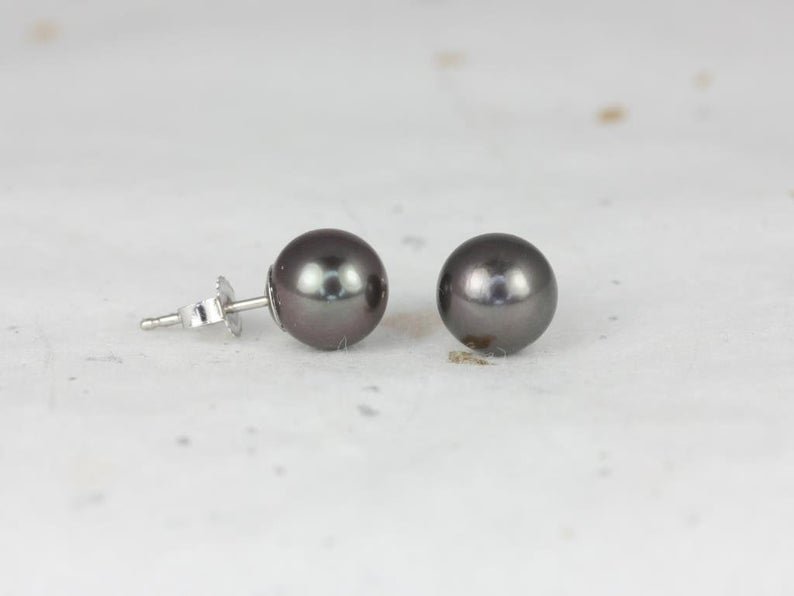 two round Grey Black tahitian cultured pearl earring studs
