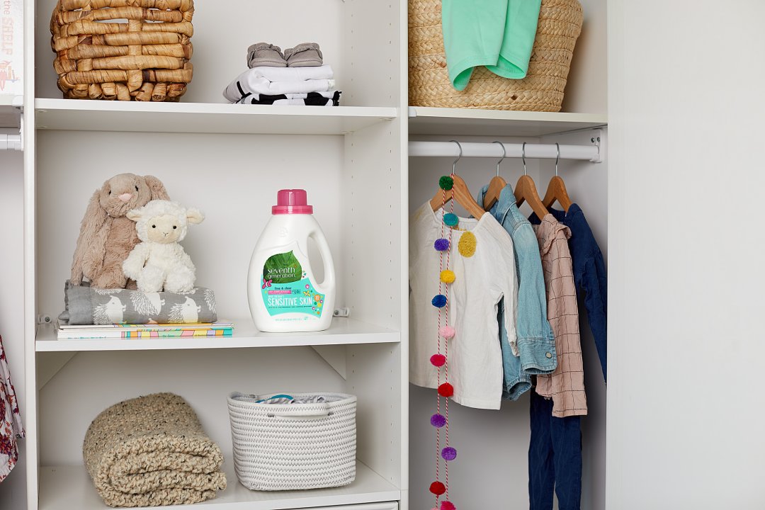 baby laundry bottle on closet shelf