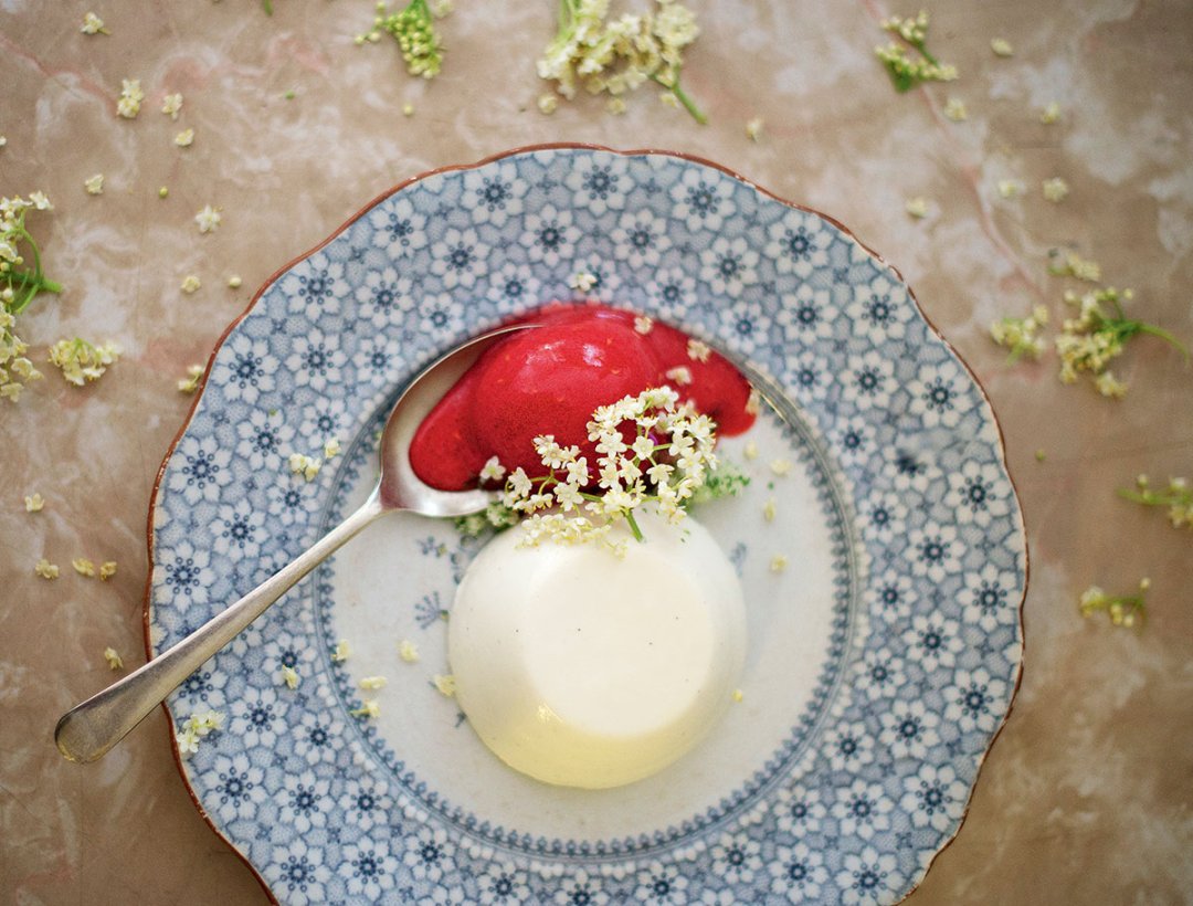 Yoghurt Panna Cotta With Strawberry Sorbet And Rose Geranium Sugar