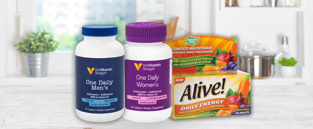Shop the Vitamin Shoppe One Daily Men's Multivitamin & Multimineral with Vitamin D3 (60 Tablets), the Vitamin Shoppe One Daily Women's Multivitamin & Multimineral with Vitamin D3 (60 Tablets), Alive! Daily Energy High-Potency Multivitamin and more