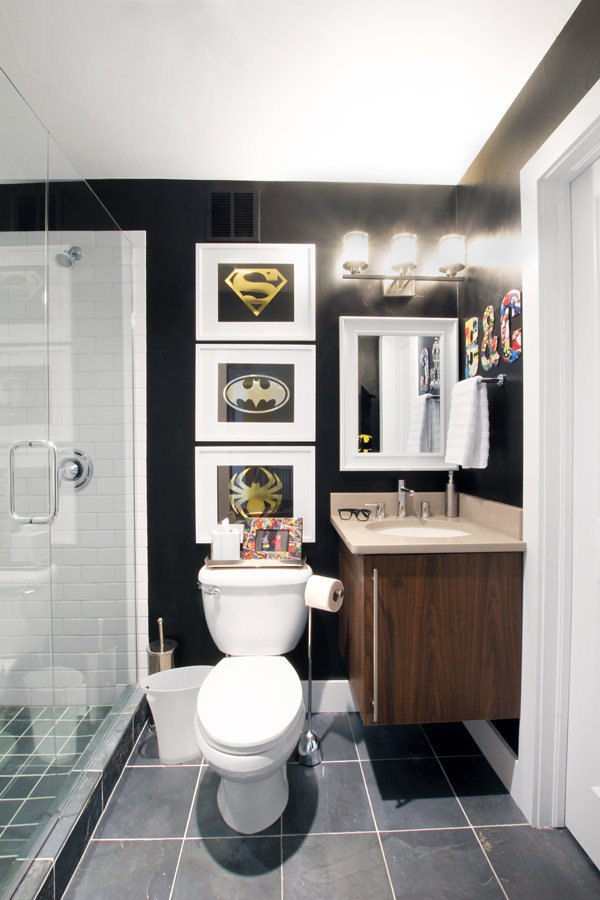 Bathroom black walls superhero art