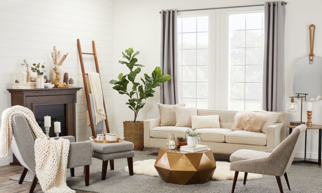 Cozy Hygge Living Room- Neutral colored furniture with textural accents