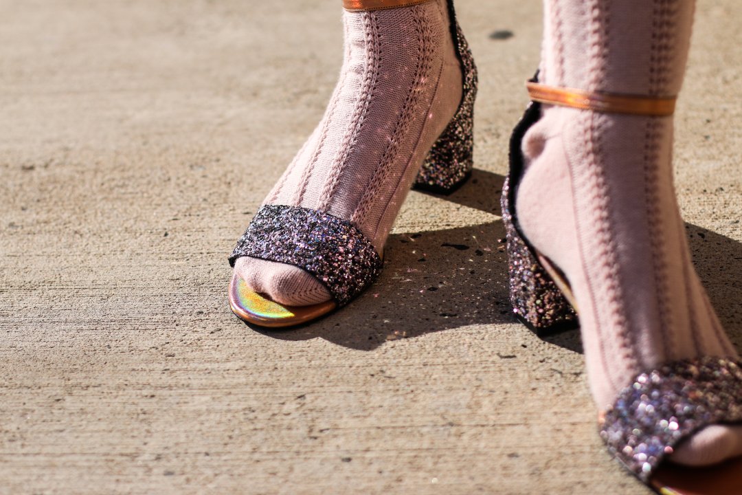 Glitter block heel with knee high socks