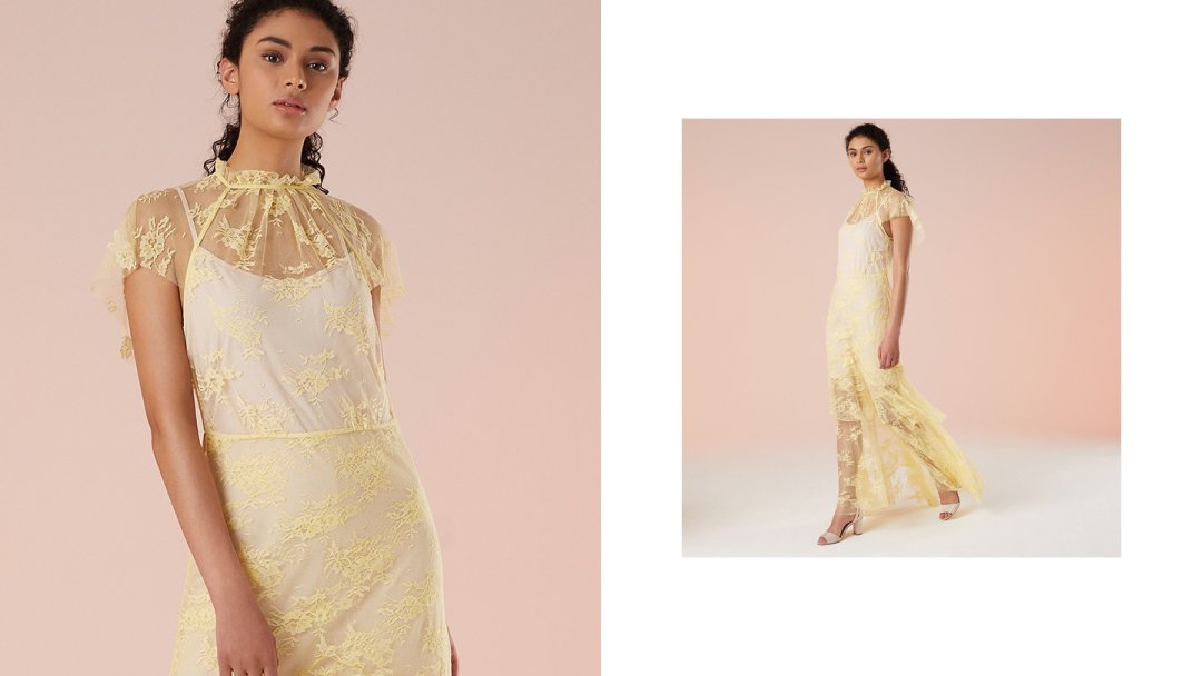 High-Neck Lace Ruffle Gown - Yellow