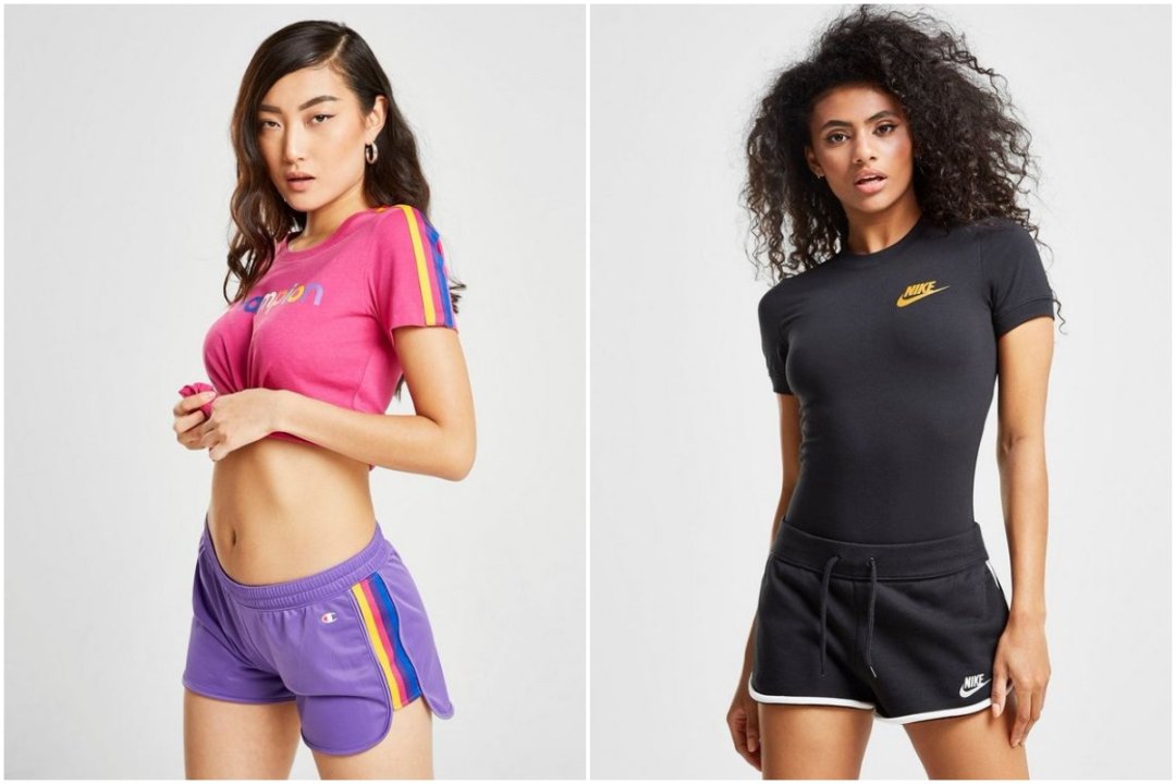 Outfit da festival: T-shirt e shorts Champion; body e shorts Nike