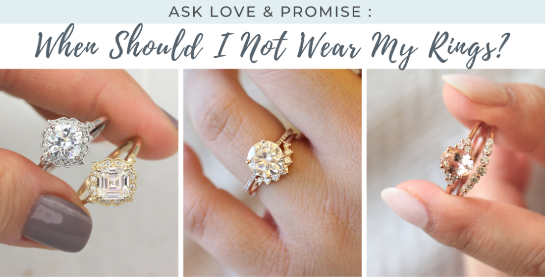 3 images show custom ring combinations in a women's hands